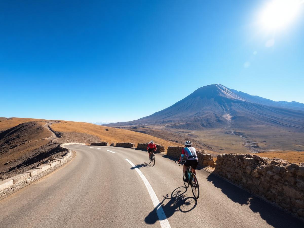 Cyclists on a high-altitude Andean road