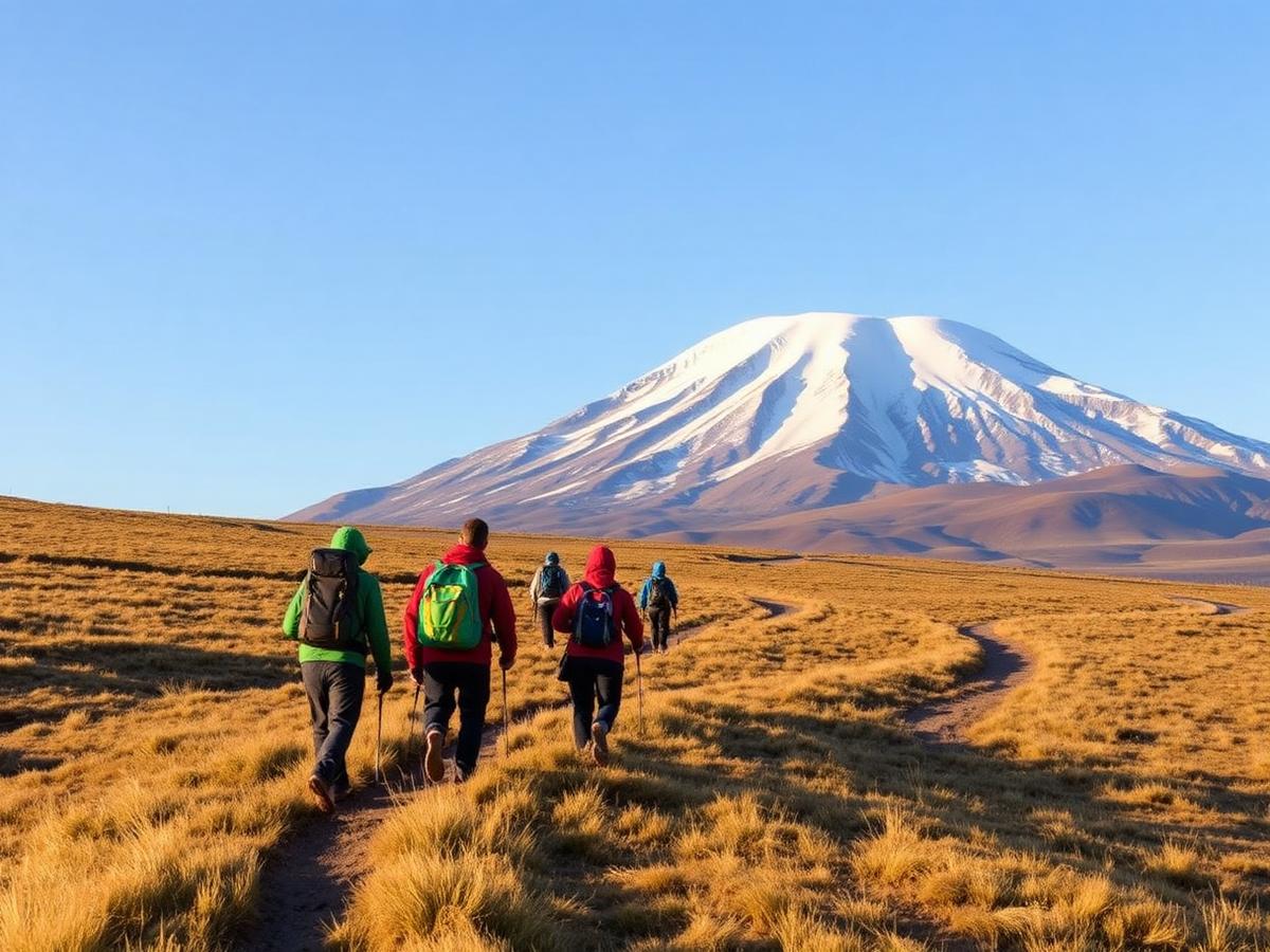 Trekkers crossing páramo below a snow-capped volcano